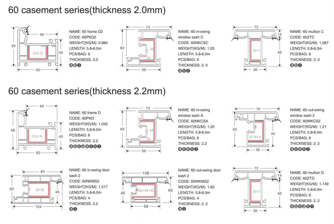 60 Frame D2 Casement UPVC Window Profile